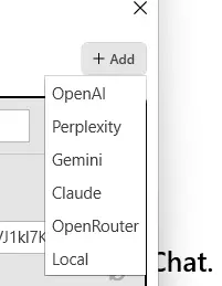 Auswahl der KI-Anbieter in Tradility: OpenAI, Perplexity, Gemini, Claude, OpenRouter und Local in einem Dropdown-Menü
