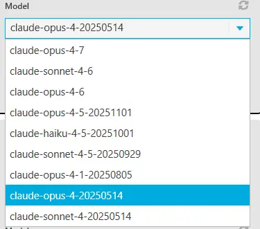 Auswahl verschiedener Claude-Modellversionen in Tradility, von Claude Opus 4.7 über Sonnet bis zu älteren Versionen