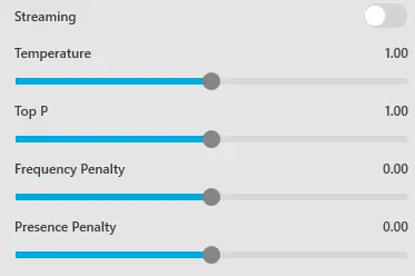 Konfigurationsfenster für AI-Modelle in Tradility mit Einstellungen für Temperature, Top P, Frequency Penalty und Presence Penalty