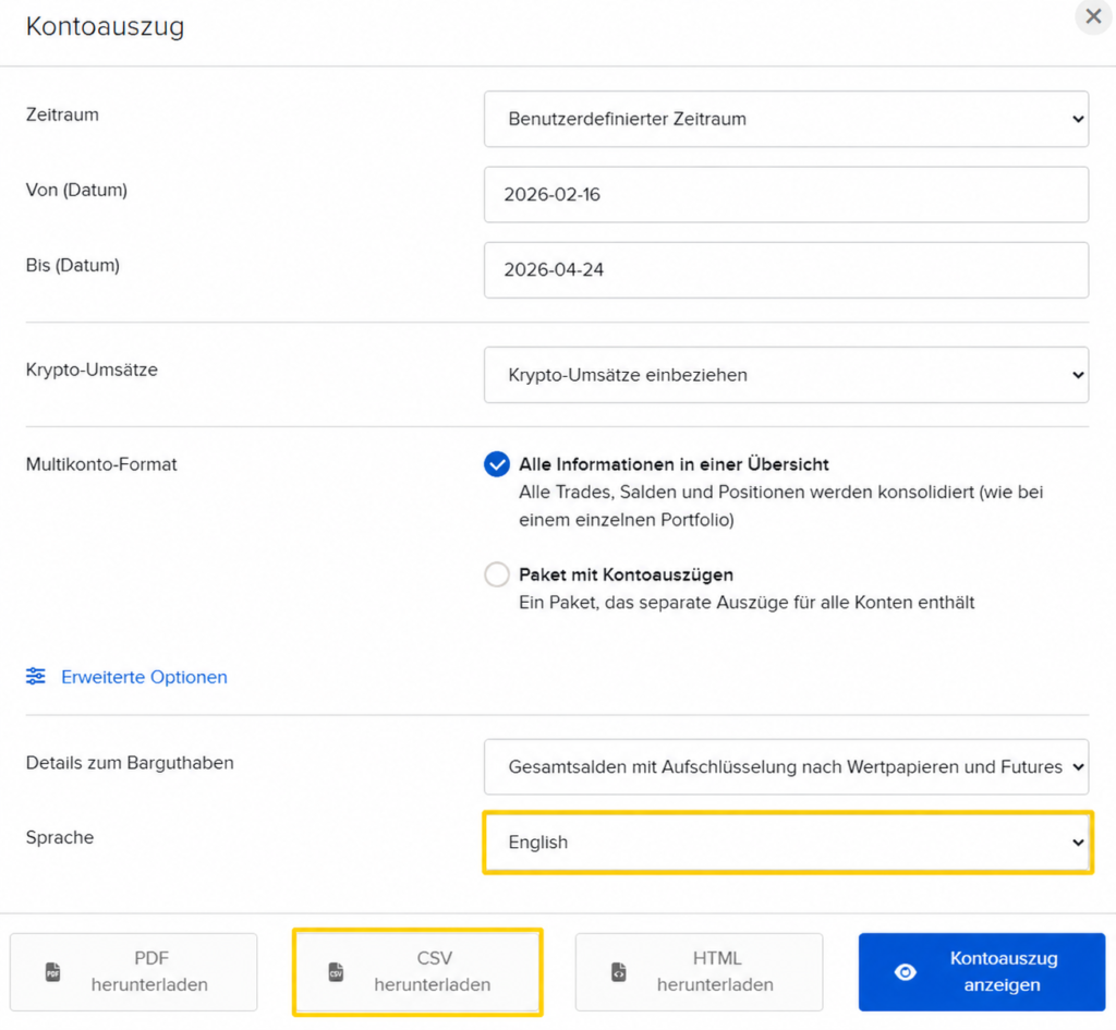CSV-Export des Kontoauszugs in Interactive Brokers für die Marktdaten-Auswertung