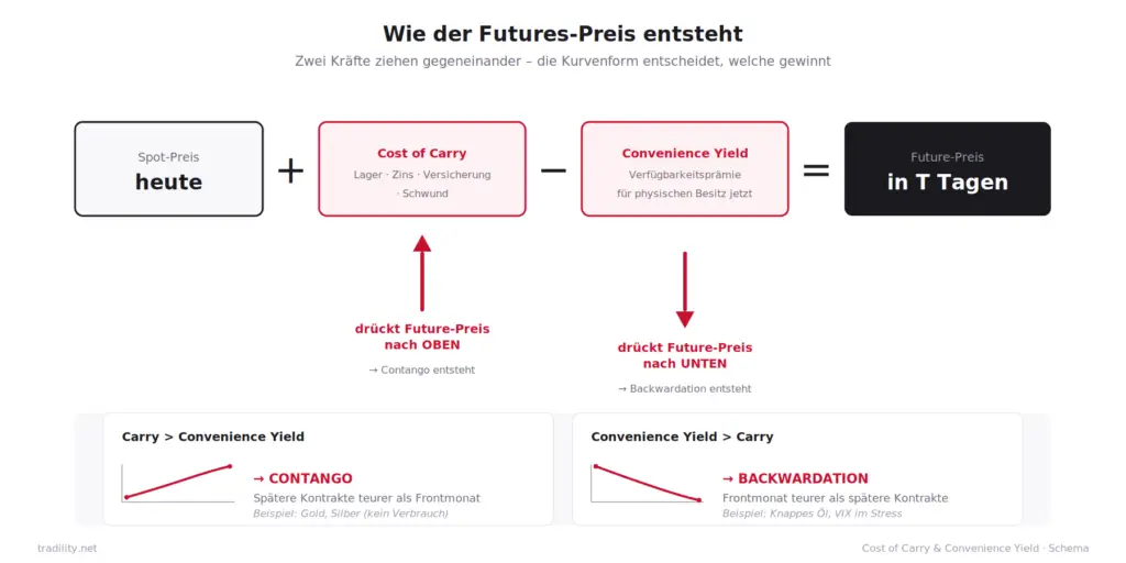 Schaubild zur Preisformel der Terminstrukturkurve: Spot-Preis plus Cost of Carry minus Convenience Yield ergibt den Futures-Preis. Die beiden Kräfte ziehen in entgegengesetzte Richtungen – dominiert Carry, entsteht Contango; dominiert Convenience Yield, entsteht Backwardation.
