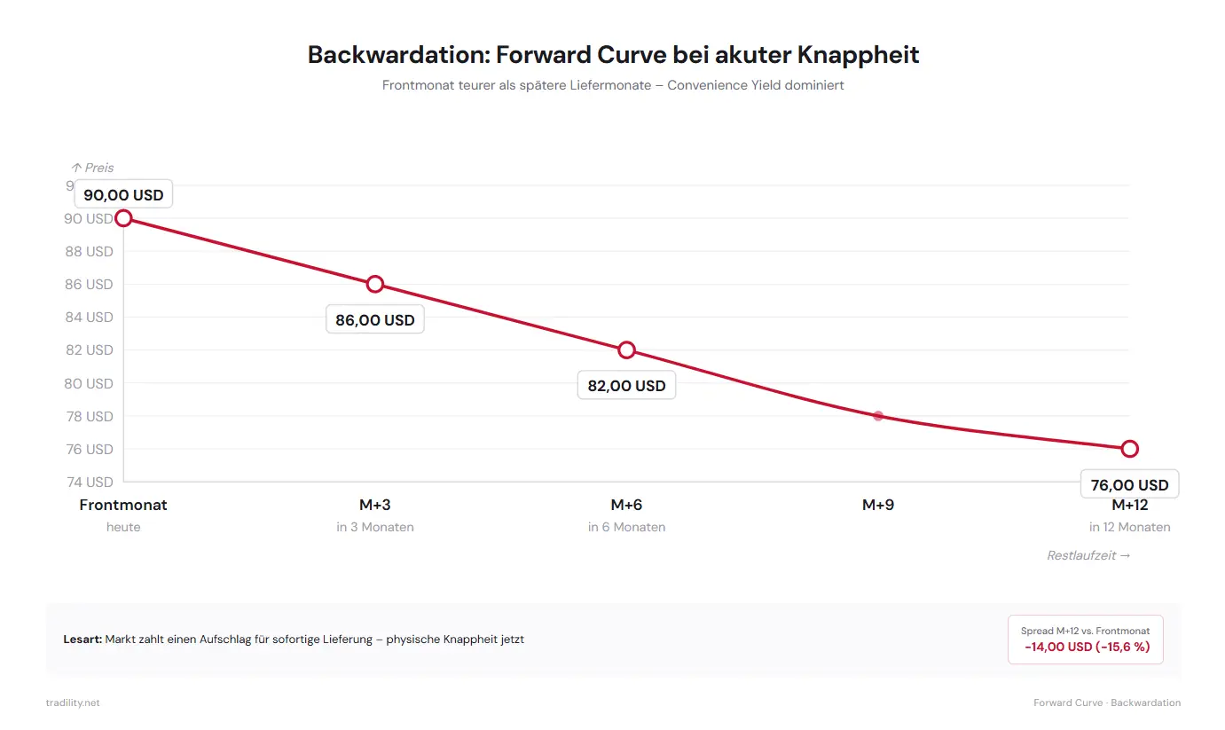 Backwardation-Forward-Curve bei akuter Knappheit: Frontmonat 90 USD fällt auf 76 USD in M+12, Spread −15,6 % – Convenience Yield dominiert