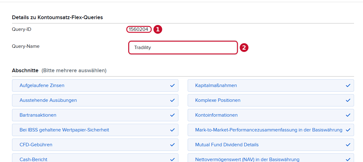Flex Query im Broker-Portal anlegen mit Query-ID, Query-Name Tradility und ausgewählten Abschnitten