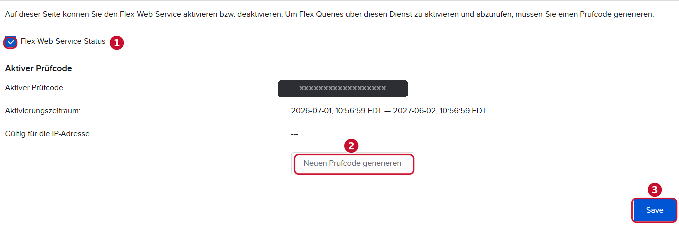 Flex-Web-Service aktivieren und aktiven Prüfcode generieren, Prüfcode aus Datenschutzgründen unkenntlich gemacht