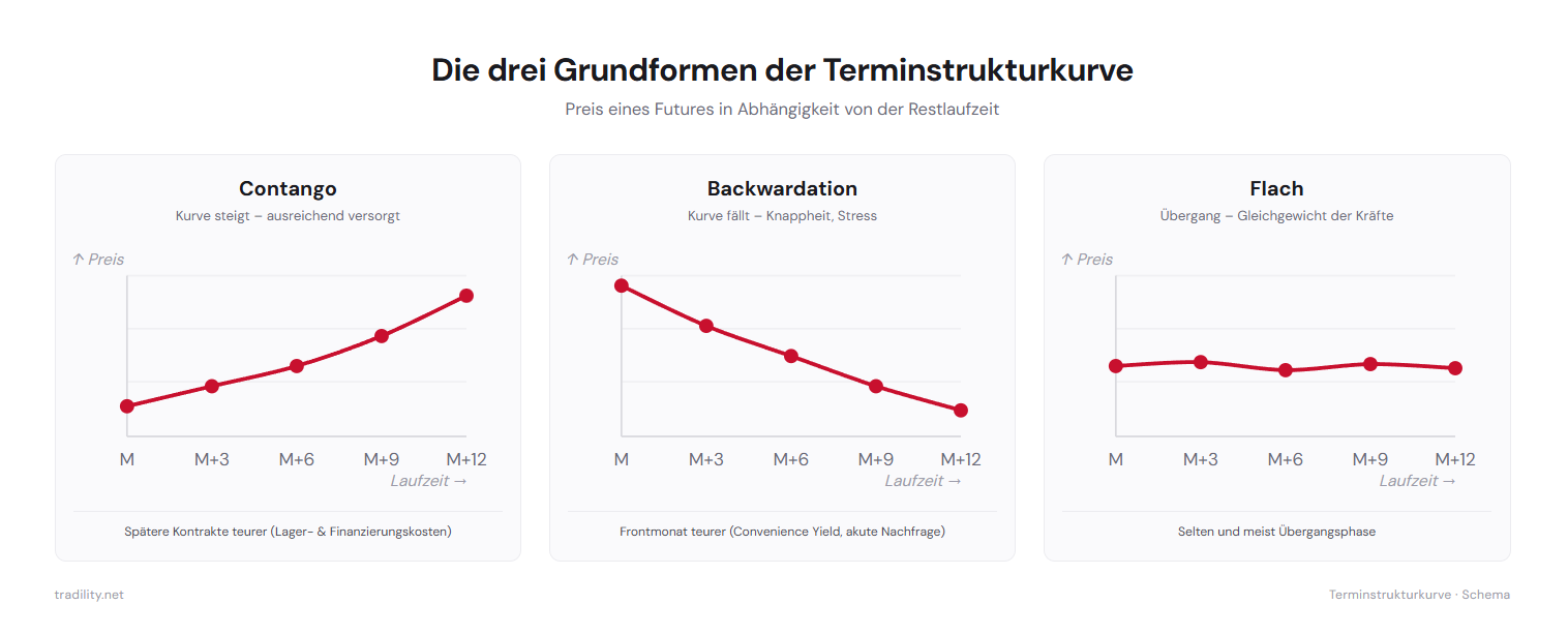 Drei Grundformen der Terminstrukturkurve im Vergleich: Contango steigend bei ausreichender Versorgung, Backwardation fallend bei Knappheit und flache Kurve im Übergang