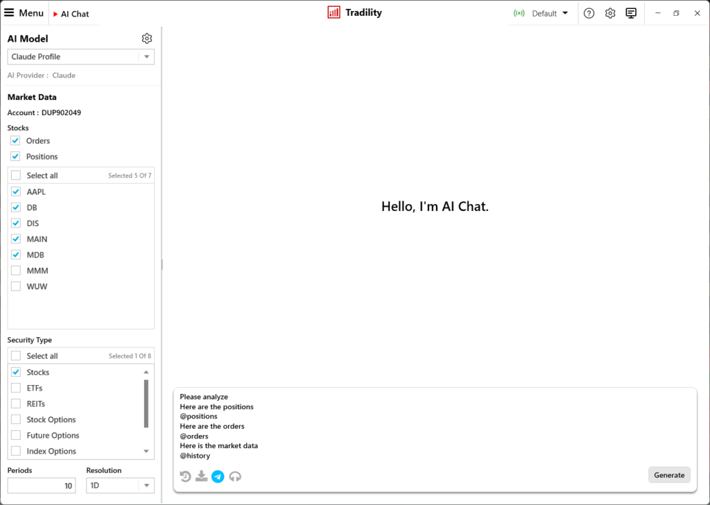 AI Chat Modul von Tradility – Positionen, Orders und Market Data per @-Befehl auswählen, um das Depot mit KI zu analysieren