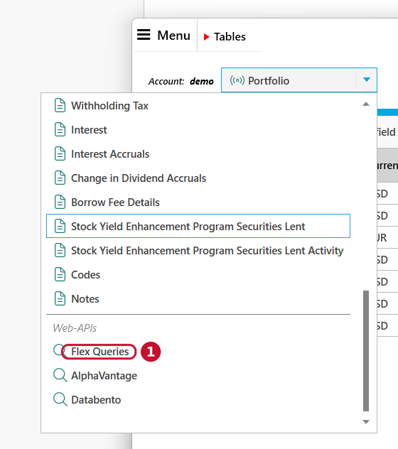 Tradility Menü: Flex Queries unter Web-APIs öffnen