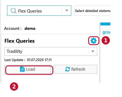 Tradility Flex-Queries-Ansicht mit Zahnrad für die Einstellungen und Load-Button zum Laden