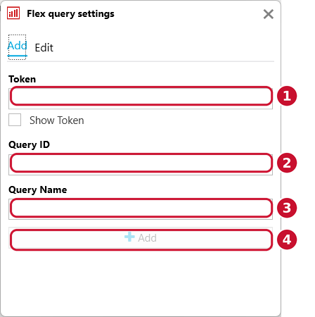 Tradility Flex query settings: Token, Query ID und Query Name eintragen und hinzufügen